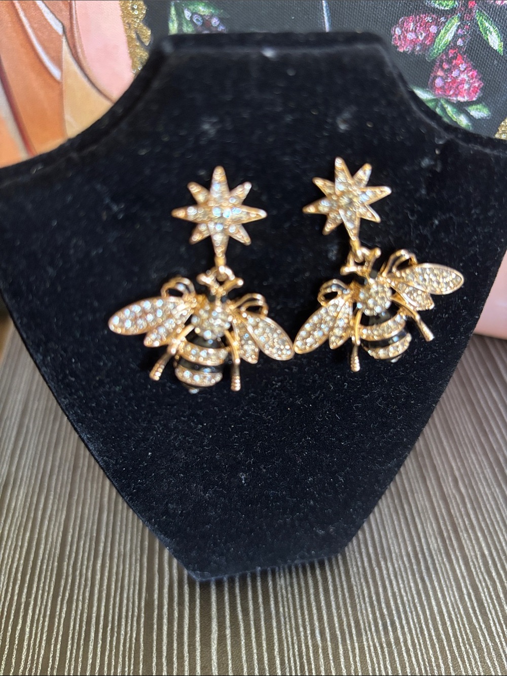 Gold Crystal Bee Drop Earrings with Star Accents